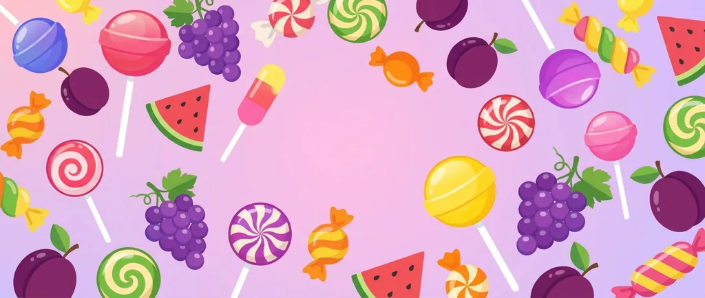 Абстрактен захарен фон с бонбони, плодове и близалки по темата на Sweet Bonanza